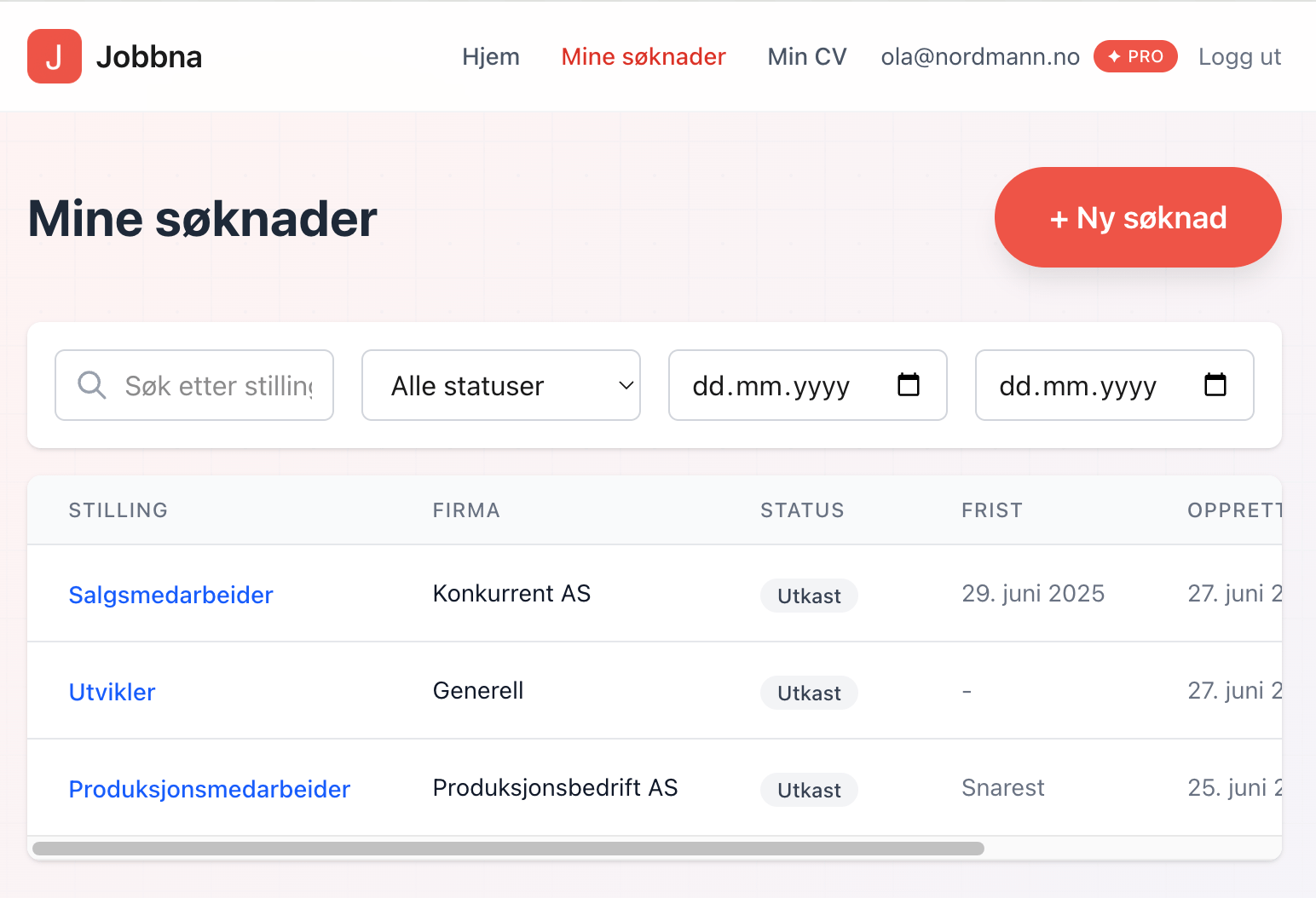 Ansøgningsoversigt eksempel